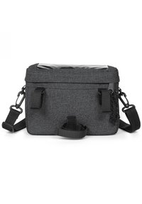 Borsa di stoccaggio in tessuto grigio con forma rettangolare, chiusura con zip, tracolla regolabile e un pannello superiore trasparente per la visibilità.