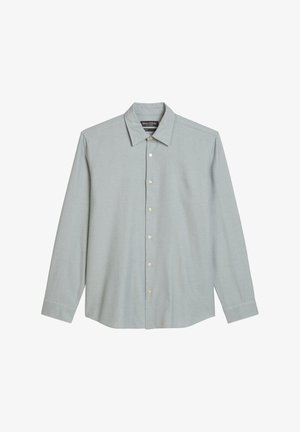 Svetlo modra srajca z dolgimi rokavi iz gladkega materiala z ovratnikom na gumbe, sprednjo zapiralo na gumbe in zapenjanjem na manšetah.