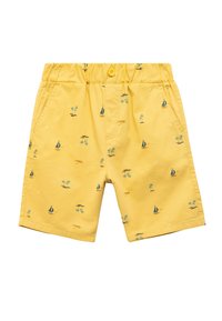 Pantalones cortos amarillos con cintura elástica, que presentan un patrón de pequeños veleros y palmeras. Hechos de un tejido ligero.
