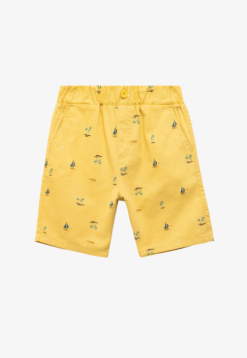 Gule shorts med elastisk talje, prydet med et mønster af små sejlbåde og palmer. Lavet af letvægtsstof.