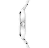 Silberne Metallarmbanduhr mit rundem Gehäuse, glattem Lünette und schlankem Profil. Verfügt über eine runde Krone und integrierte Glieder im Armband.