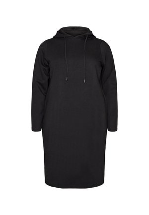 Vestido tipo sudadera negro de manga larga con cordones, longitud hasta la rodilla, corte recto y ajuste relajado, mostrado sobre un fondo blanco.
