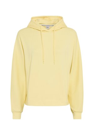 Sweat à capuche jaune clair avec cordons, manches longues, poignets côtelés et design simple, présenté sur fond blanc.