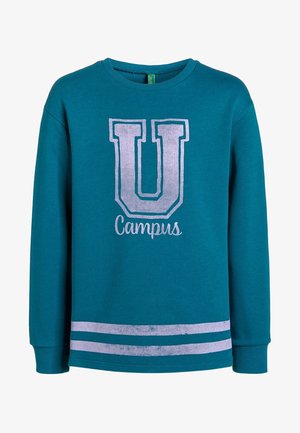 Sweat-shirt à manches longues couleur sarcelle avec une grande lettre U argentée et le mot Campus en dessous, ainsi que deux bandes argentées près de l'ourlet.