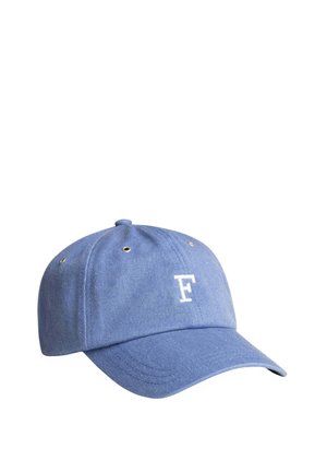 Cappellino da baseball in cotone blu con visiera curva, logo "F" ricamato in bianco sulla parte frontale e fori di ventilazione in metallo sopra.