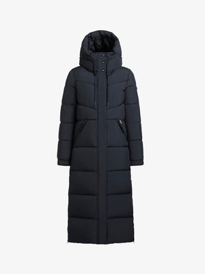 Lange, marineblauwe gewatteerde jas met capuchon, voorzien van een ritssluiting en drukknopen aan de voorkant, twee zijzakken met rits en een doorgestikte structuur.