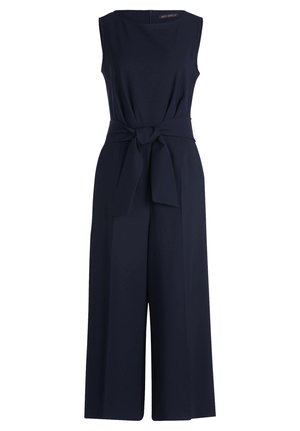 Navy blue jumpsuit with a fitted bodice, wide leg design, and a self-tie waist belt. Made from smooth, lightweight fabric.