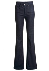 Ausgestellte Jeans aus dunklem Denim, mit hohem Bund, Knopfverschluss und Fünf-Taschen-Design. Glatte Textur mit dezenten Nähten.