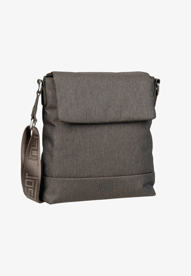 Brown synthetic messenger bag with a flap closure, adjustable strap, and embossed logo on the front. Features textured fabric and minimalistic design.