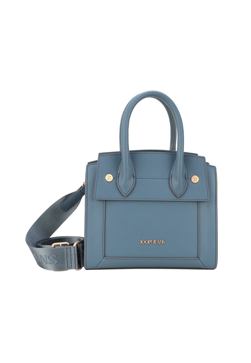 Borsa a mano blu chiaro in materiale testurizzato con manici corti e tracolla rimovibile. Presenta hardware in tonalità oro e dettaglio del logo.