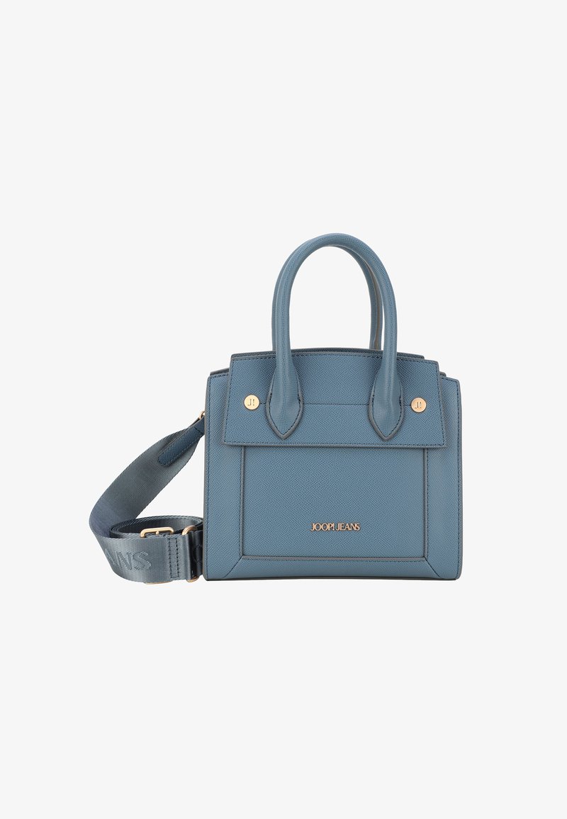 Borsa a mano blu chiaro in materiale testurizzato con manici corti e tracolla rimovibile. Presenta hardware in tonalità oro e dettaglio del logo.