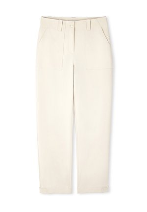 Beige Baumwollhosen mit geradem Bein, ausgestattet mit zwei Fronttaschen und verstellbaren Bündchen. Glatte Textur und klare Linien.