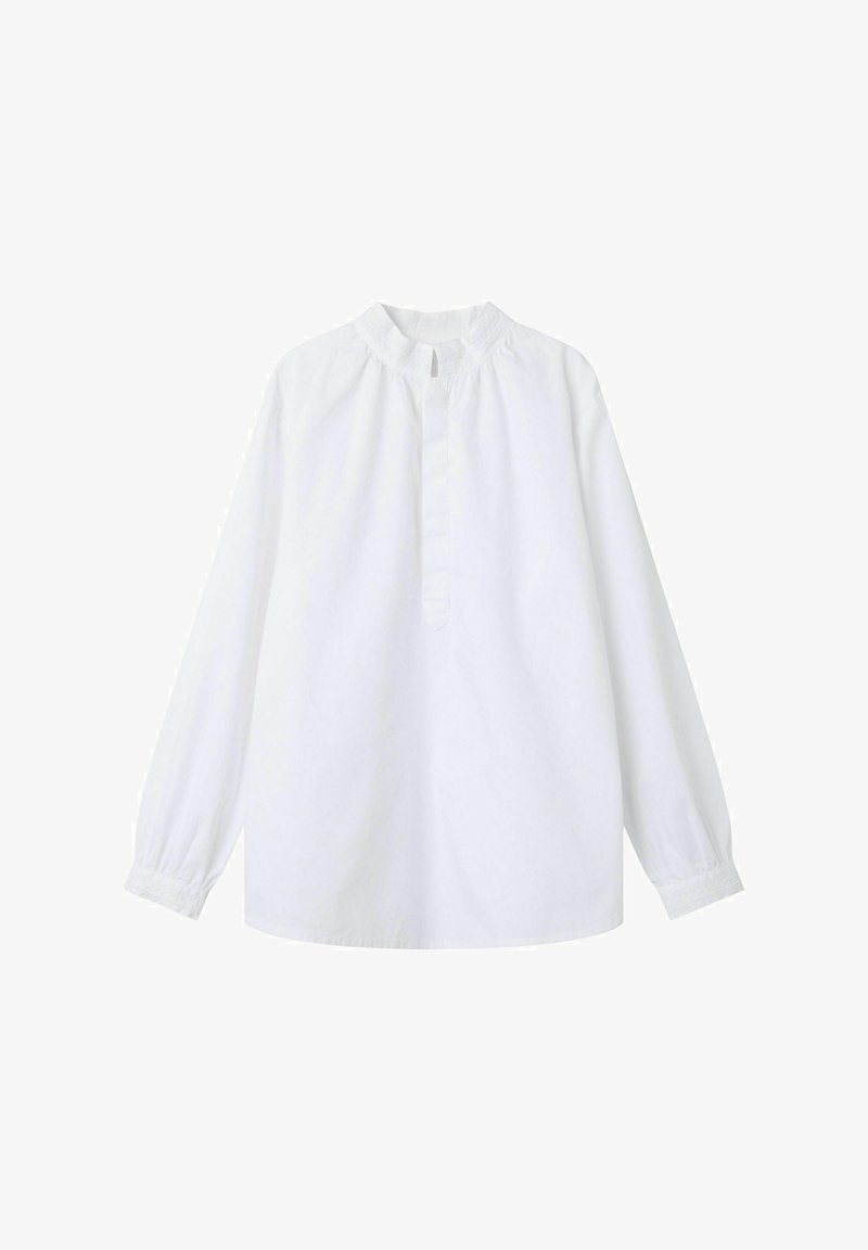 White long-sleeve shirt made of lightweight fabric, featuring a round neckline, button placket, and gathered cuffs for a relaxed fit.
