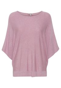 Roze, lichte gebreide top met een brede halslijn en vleermuismouwen. Heeft een band onderaan en een zachte textuur met een subtiel gemêleerd patroon.