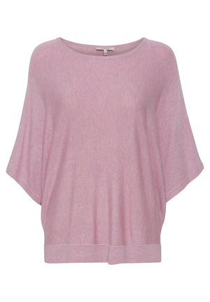 Vaaleanpunainen, kevyt neulepaita, jossa on avara kaula-aukko ja lepakkohihat. Varustettu resorihihoilla ja pehmeällä pinnalla, jossa on hienovarainen harjantekoinen kuvio.