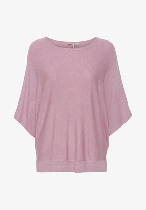 Roze, lichte gebreide top met een brede halslijn en vleermuismouwen. Heeft een band onderaan en een zachte textuur met een subtiel gemêleerd patroon.