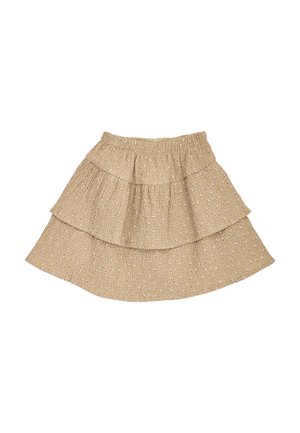 Beige kerroksellinen hame pienellä kukkakuviolla, joustavalla vyötäröllä ja teksturoidulla kankaalla.