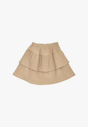 Beige lagdelt nederdel med lille blomsterprint, elastisk talje og tekstureret stof.