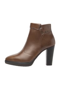 Brown leather ankle boot with a sleek design, pointed toe, and high block heel. Features a strap and decorative studs near the ankle.