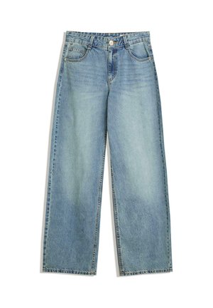 Svijetloplave široke traperice od denima, s visokim strukom, klasičnim dizajnom s pet džepova i ravnim krojem s izblijedjelim završetkom.