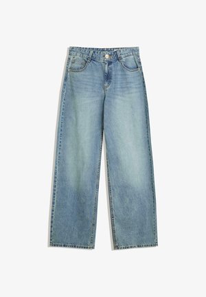 Svetlo modri široki traper hlače, izdelane iz denima, z visokim pasom, klasičnim pet-pocket dizajnom in ravno silhueto ter zbledelim zaključkom.