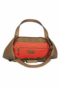 Brown leather handbag with a structured shape, featuring a bright orange inner pocket and a zipper, and double handles for carrying.