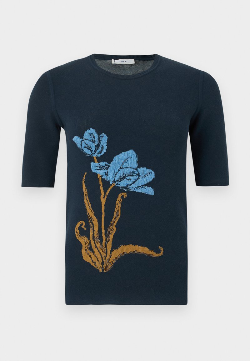 Maglione a maniche corte blu navy con un grande stelo marrone e due fiori blu sul davanti.