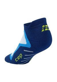 Calzino di altezza media blu navy con dettagli azzurri e motivo grafico. Realizzato in maglia con texture, presenta un logo verde.