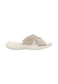 Beige slide sandal with cross strap design, made of breathable textile, featuring a cushioned white sole and textured pattern on the base.