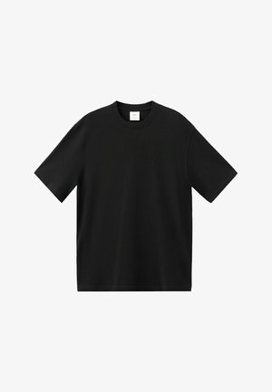 Zwart T-shirt met korte mouwen en ronde hals in een regular fit, plat weergegeven op een witte achtergrond.