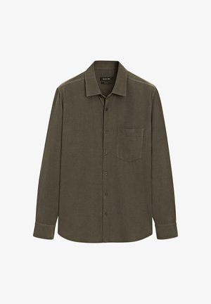 Šedá košile s dlouhým rukávem v tmavě olivově zelené barvě, vyrobená z měkkého materiálu, s knoflíkovou přední částí a čtvercovou kapsou na prsou.