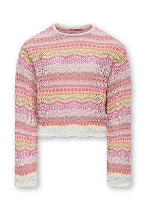 Dámsky dlhý háčkovaný sveter v ružovej, bielej, žltej a fialovej farbe so vzormi cik-cak a pruhmi, s krátkym strihom a okrúhlym výstrihom.