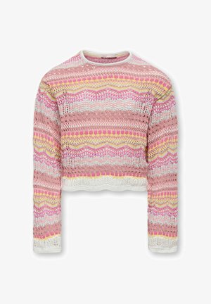 Dames langermet heklet genser i rosa, hvit, gul og lilla med sikksakk- og stripemønster, med cropped passform og rund hals.