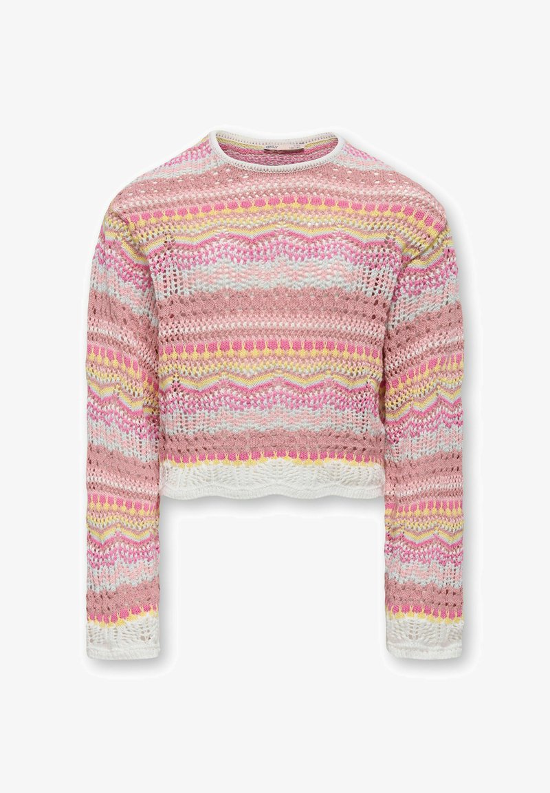 Pull crochet à manches longues pour femme en rose, blanc, jaune et violet avec des motifs en zigzag et rayures, featuring une coupe courte et un col rond.