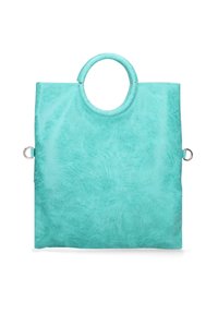 Turquoise nepleren tote bag met een ronde handgreep aan de bovenkant, vlakke rechthoekige vorm, subtiele textuur en hardware-detailing aan de zijkanten.