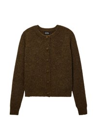 Cardigan en laine marron avec un col rond, des manches longues, et six boutons assortis sur le devant. Fini texturé et doux sans motifs.