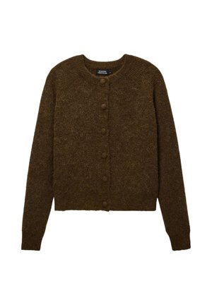 Cardigan en laine marron avec un col rond, des manches longues, et six boutons assortis sur le devant. Fini texturé et doux sans motifs.