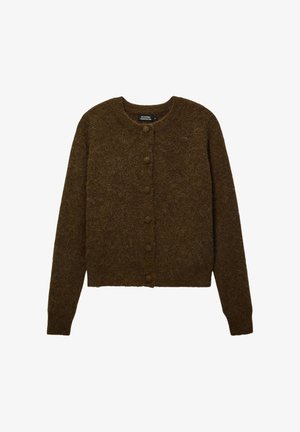 Cardigan en laine marron avec un col rond, des manches longues, et six boutons assortis sur le devant. Fini texturé et doux sans motifs.