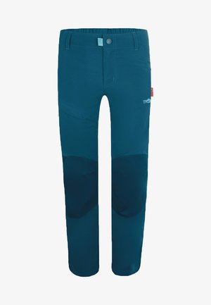 Tealfarbene Outdoor-Hose mit glatter Textur, ausgestattet mit verstärkten Knieflecken, einem Reißverschluss und Seitentaschen. Logo am Oberschenkel.