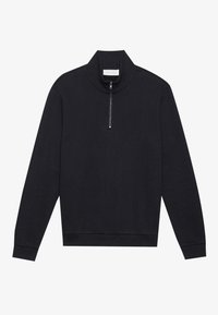 Zwarte pullover sweatshirt met hoge kraag en halve rits. Voorzien van geribbelde manchetten en zoom. Gemaakt van een zachte, gestructureerde stof.