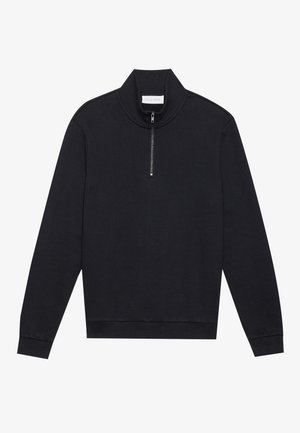 Black pullover sweatshirt with a high collar and half-zipper. Features ribbed cuffs and hem. Made from a soft, textured fabric.