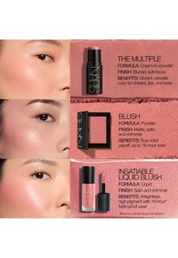 Gros plan de trois visages montrant des formules de blush crème à poudre, poudre et liquide avec des contenants de produits et des descriptions.