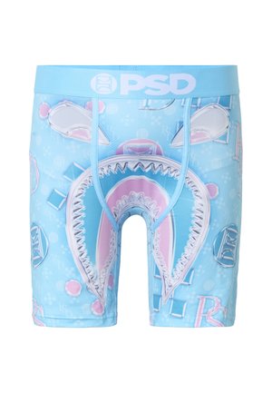 Caleçons boxer bleu clair avec un grand graphique de bouche de requin et des dents sur le devant, ainsi que le logo PSD blanc sur la ceinture.