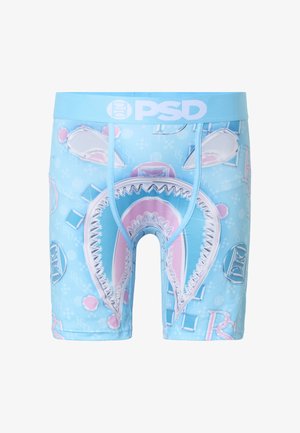 Caleçons boxer bleu clair avec un grand graphique de bouche de requin et des dents sur le devant, ainsi que le logo PSD blanc sur la ceinture.