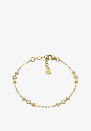 Guldarmband med dekorativa triangulära accenter och runda kristallstenar, med en kedjelänkdesign och ett karbinlås.