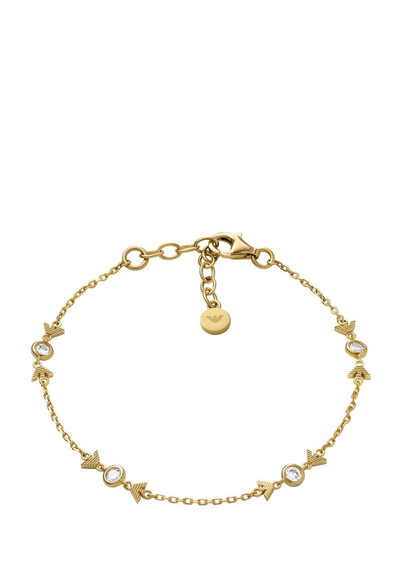 Goldener Armreif mit dekorativen dreieckigen Akzenten und runden Kristallsteinen, der ein Kettendesign und einen Karabinerverschluss aufweist.