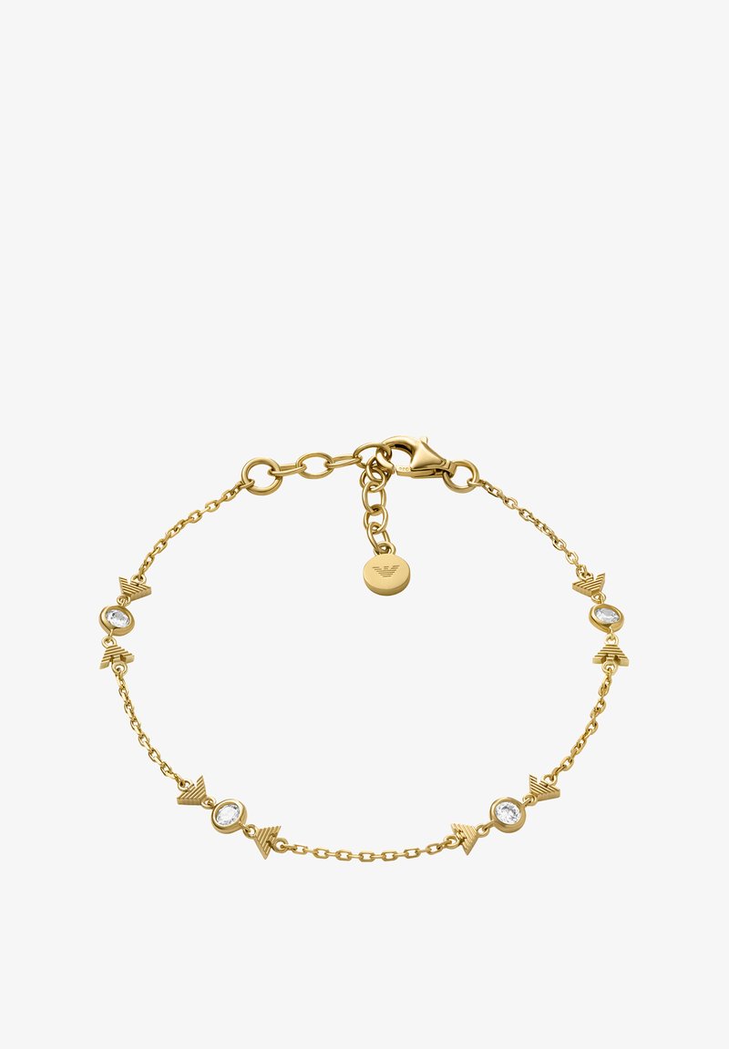 Goldener Armreif mit dekorativen dreieckigen Akzenten und runden Kristallsteinen, der ein Kettendesign und einen Karabinerverschluss aufweist.