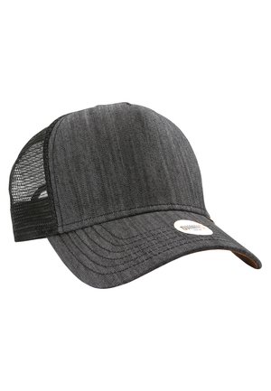 Fekete farmer trakker sapka hálós hátsó résszel, enyhén ívelt peremmel és kör alakú logóval az elején. Texturált anyag és strukturált kialakítás.