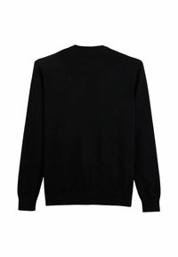 Pull noir à manches longues avec un col rond et des poignets côtelés. Design simple, sans motifs ni embellissements, texture lisse.