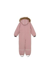 Roze geïsoleerde overall met een bontomrand capuchon, elastische taille en verstelbare manchetten. Voorzien van reflecterende witte strepen.